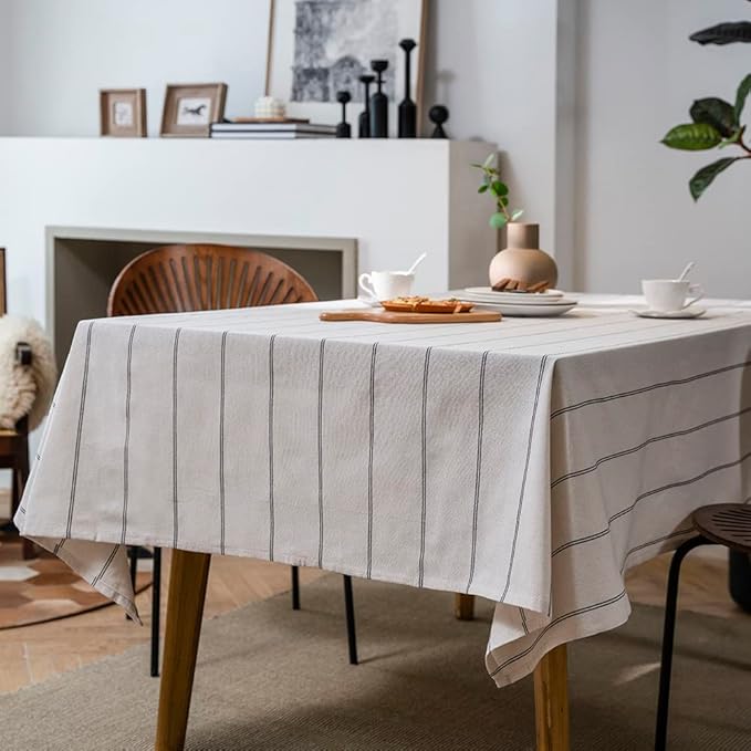 Cotton Linen Table Cloths Boho Farmhouse Heavy Fabric Table Cover Burlap Striped Washable Table Top for Parties Coffee Kitchen Picnic Rectangle/Oblong, 55"×86"(6-8 Seats)