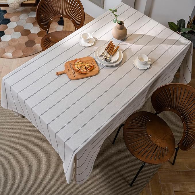 Cotton Linen Table Cloths Boho Farmhouse Heavy Fabric Table Cover Burlap Striped Washable Table Top for Parties Coffee Kitchen Picnic Rectangle/Oblong, 55"×86"(6-8 Seats)