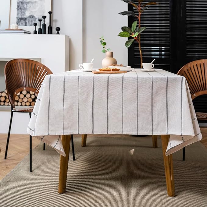 Cotton Linen Table Cloths Boho Farmhouse Heavy Fabric Table Cover Burlap Striped Washable Table Top for Parties Coffee Kitchen Picnic Rectangle/Oblong, 55"×86"(6-8 Seats)