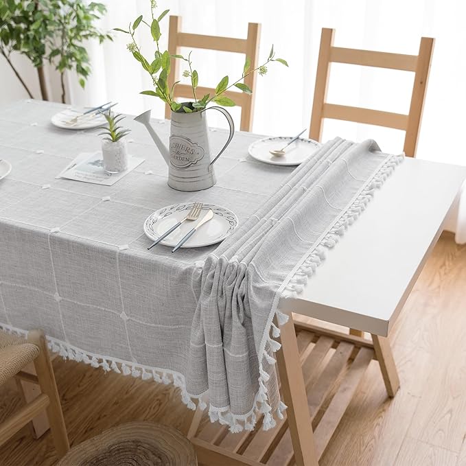 Cotton Linen Rectangular Tablecloth - Wrinkle Resistant & Waterproof - Machine Washable Table Cloth with Tassels for Kitchen & Dining, 55''x70'', 4-6 Seats, Grey