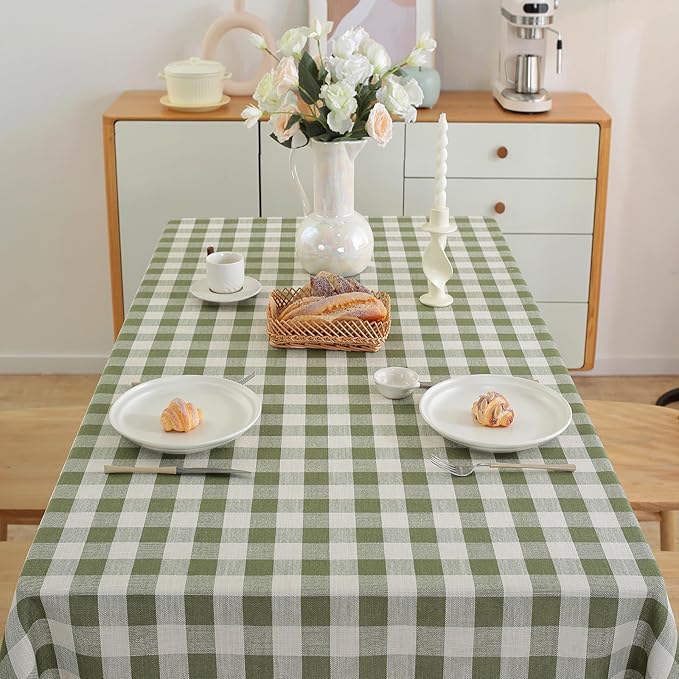 Checkered Rectangle Tablecloth Cotton Linen Fabric Gingham Table Cloth Buffalo Plaid Table Cover with Tassel Wrinkle Free Washable for Kitchen Dining Picnic, Green and White, 55X75''
