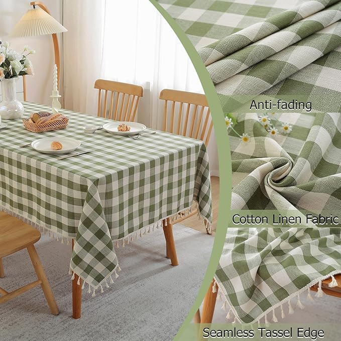 Checkered Rectangle Tablecloth Cotton Linen Fabric Gingham Table Cloth Buffalo Plaid Table Cover with Tassel Wrinkle Free Washable for Kitchen Dining Picnic, Green and White, 55X75''