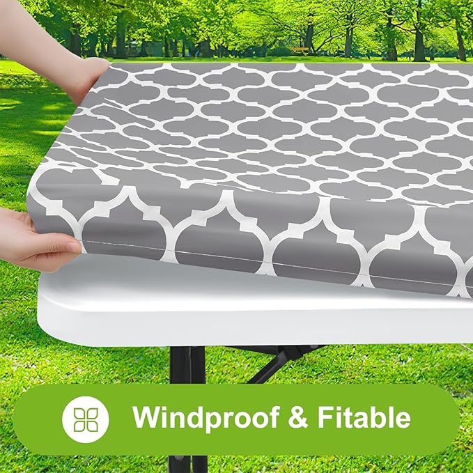 Rectangle Picnic Table Cover, Waterproof Elastic Fitted Camping Tablecloths for 6 Foot Tables, Wipeable Flannel Backed Vinyl Tablecloth Protector for Indoor, Outdoor (Grey, 30x72 Inches)