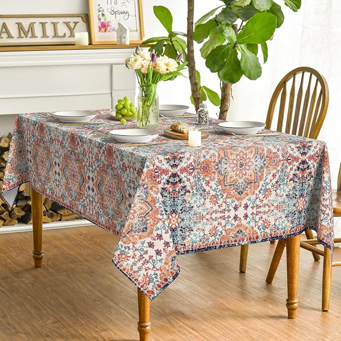 Boho Bohemia Style Tablecloth 60x84 Inch Rectangular, Vintage Country Rustic Farmhouse Magical Fall Orange Washable Seasonal Table Cover for Party Picnic Dinner Decor