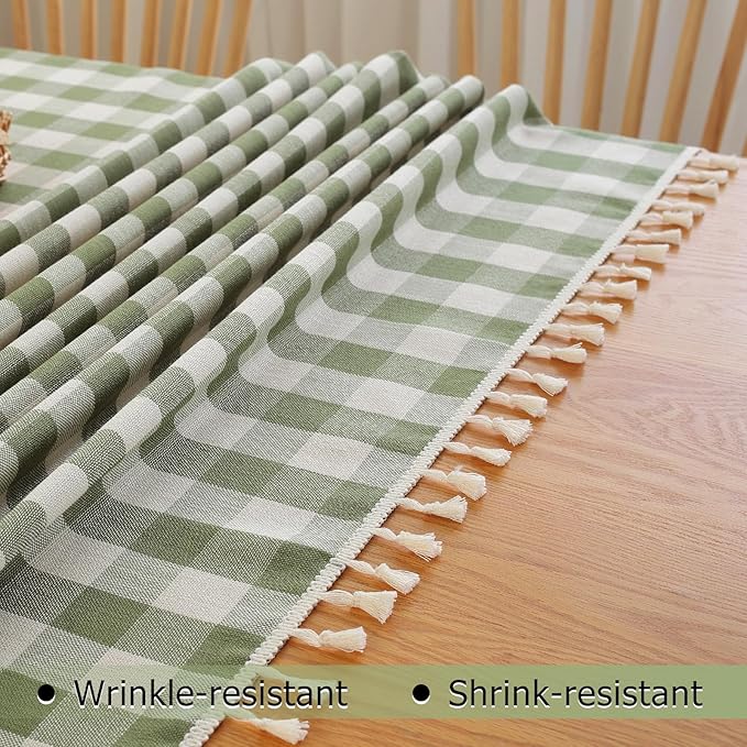 Checkered Rectangle Tablecloth Cotton Linen Fabric Gingham Table Cloth Buffalo Plaid Table Cover with Tassel Wrinkle Free Washable for Kitchen Dining Picnic, Green and White, 55X75''