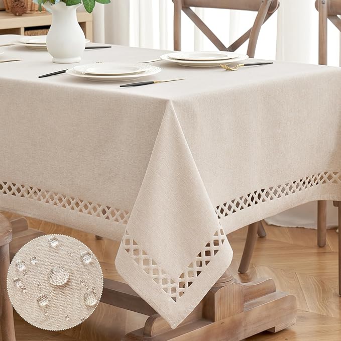 Natural Thick Polyester Rectangle Tablecloth with Decorative Cutouts Waterproof Stain Resistant Table Cloth Farmhouse Table Cover for Thanksgiving Dining Party Camping, 52 x 70 inch