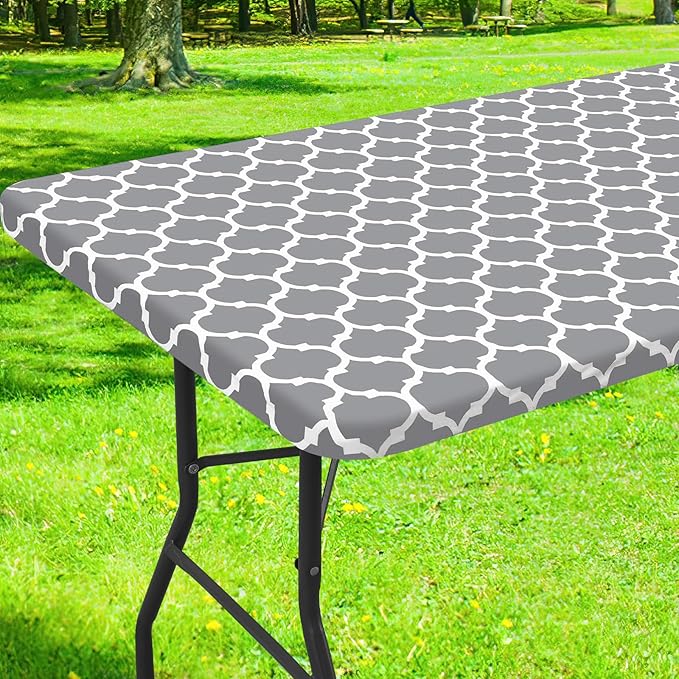 Rectangle Picnic Table Cover, Waterproof Elastic Fitted Camping Tablecloths for 6 Foot Tables, Wipeable Flannel Backed Vinyl Tablecloth Protector for Indoor, Outdoor (Grey, 30x72 Inches)