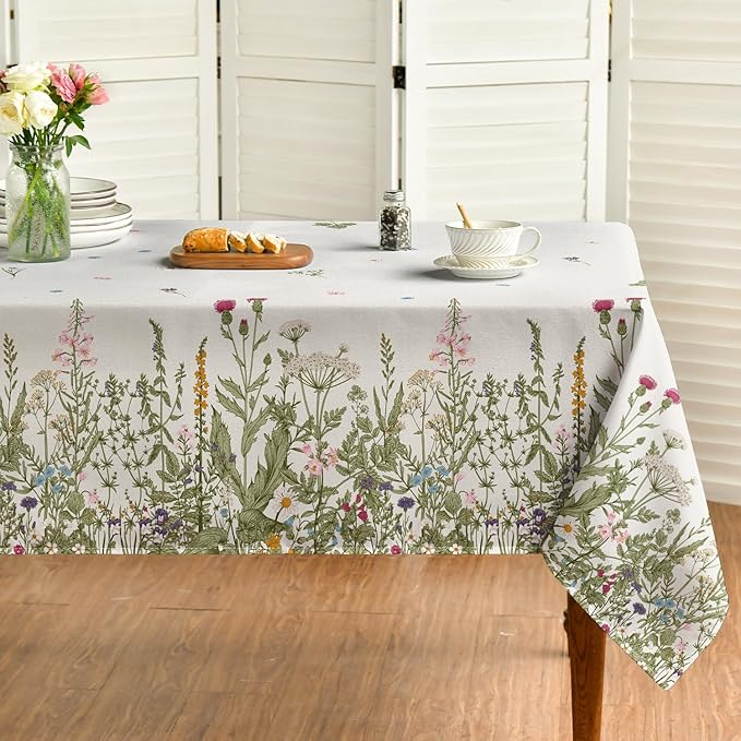 Spring Summer Tablecloth 60x120 Inch Rectangular, Wild Flowers Floral Table Cover for Party Picnic Dinner Decor