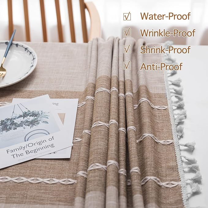 Tablecloths for Rectangle Tables, Cotton Linen Table Cloth Waterproof Tablecloth Wrinkle Free Farmhouse Dining Tables Cover, Soft Fabric Table Cloths with Tassels, Brown, 55" X 70", 4-6 Seats