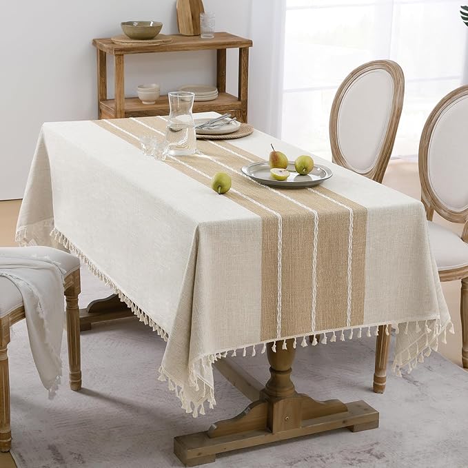 Fall Tablecloth Rectangle, Outdoor Waterproof Linen Cotton Farmhouse Table Cloths with Tassel, Heavy Weight Wrinkle Free Table Cover for Dining/Party/Rustic - 55 x 70 Inch, Coffee Lines