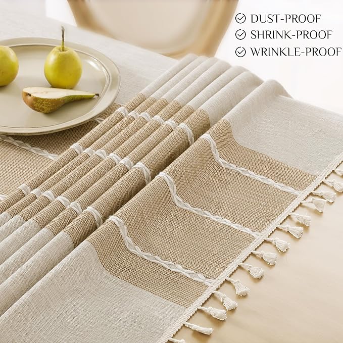 Fall Tablecloth Rectangle, Outdoor Waterproof Linen Cotton Farmhouse Table Cloths with Tassel, Heavy Weight Wrinkle Free Table Cover for Dining/Party/Rustic - 55 x 70 Inch, Coffee Lines