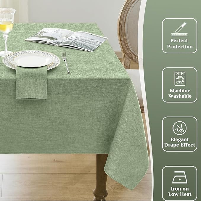 Linen Textured Rectangle Tablecloth, Outdoor Waterproof Wipeable Farmhouse Burlap Table Cloth, Stain Resistant Table Covers for Kitchen Dining Holiday Party (52 x 70, Sage Green)