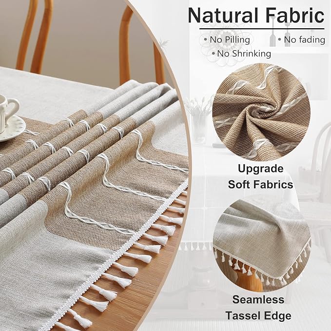 Tablecloths for Rectangle Tables, Cotton Linen Table Cloth Waterproof Tablecloth Wrinkle Free Farmhouse Dining Tables Cover, Soft Fabric Table Cloths with Tassels, Brown, 55" X 70", 4-6 Seats