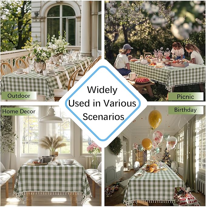 Checkered Rectangle Tablecloth Cotton Linen Fabric Gingham Table Cloth Buffalo Plaid Table Cover with Tassel Wrinkle Free Washable for Kitchen Dining Picnic, Green and White, 55X75''