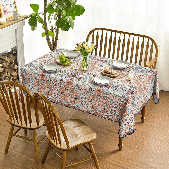 Boho Bohemia Style Tablecloth 60x84 Inch Rectangular, Vintage Country Rustic Farmhouse Magical Fall Orange Washable Seasonal Table Cover for Party Picnic Dinner Decor