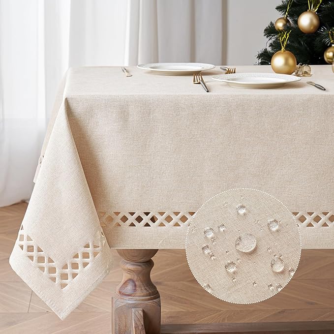Natural Thick Polyester Rectangle Tablecloth with Decorative Cutouts Waterproof Stain Resistant Table Cloth Farmhouse Table Cover for Thanksgiving Dining Party Camping, 52 x 70 inch