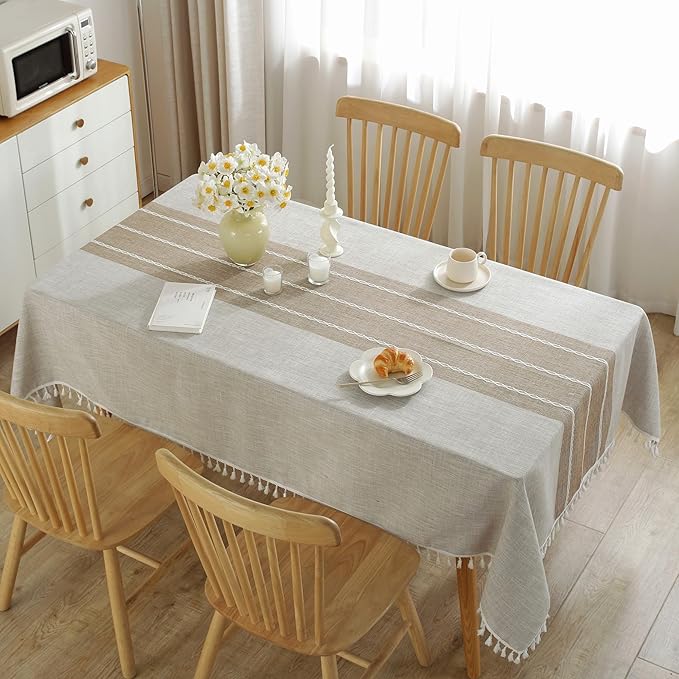 Tablecloths for Rectangle Tables, Cotton Linen Table Cloth Waterproof Tablecloth Wrinkle Free Farmhouse Dining Tables Cover, Soft Fabric Table Cloths with Tassels, Brown, 55" X 70", 4-6 Seats