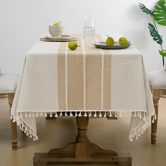 Fall Tablecloth Rectangle, Outdoor Waterproof Linen Cotton Farmhouse Table Cloths with Tassel, Heavy Weight Wrinkle Free Table Cover for Dining/Party/Rustic - 55 x 70 Inch, Coffee Lines