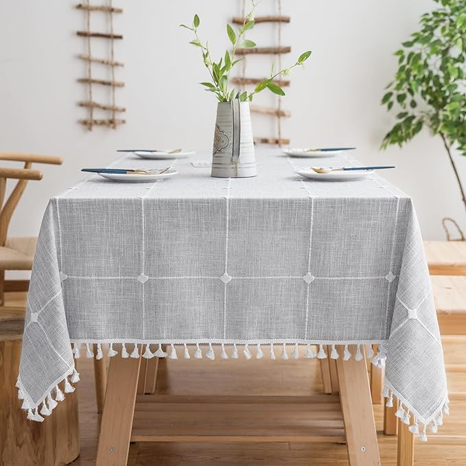Cotton Linen Rectangular Tablecloth - Wrinkle Resistant & Waterproof - Machine Washable Table Cloth with Tassels for Kitchen & Dining, 55''x70'', 4-6 Seats, Grey