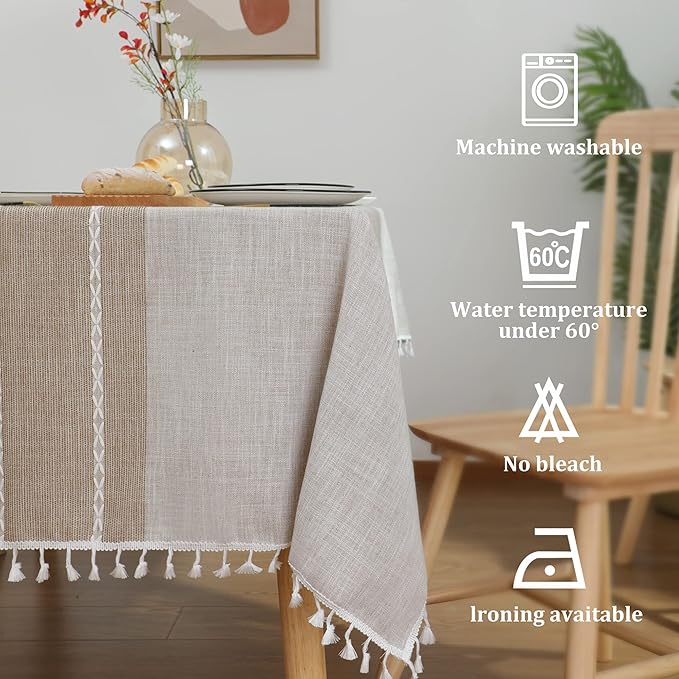 Tablecloths for Rectangle Tables, Cotton Linen Table Cloth Waterproof Tablecloth Wrinkle Free Farmhouse Dining Tables Cover, Soft Fabric Table Cloths with Tassels, Brown, 55" X 70", 4-6 Seats