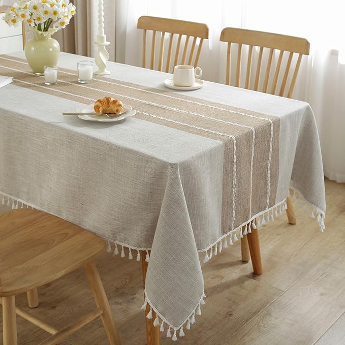 Tablecloths for Rectangle Tables, Cotton Linen Table Cloth Waterproof Tablecloth Wrinkle Free Farmhouse Dining Tables Cover, Soft Fabric Table Cloths with Tassels, Brown, 55" X 70", 4-6 Seats